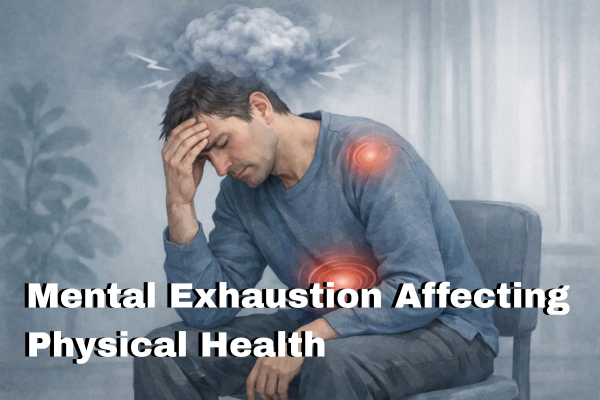 Person experiencing mental exhaustion with physical symptoms like headache and body fatigue