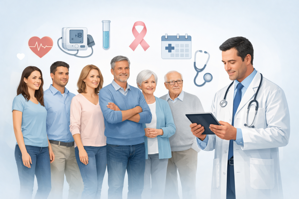 Doctor explaining preventive health checkup results including blood pressure, glucose, and blood test reports to a patient