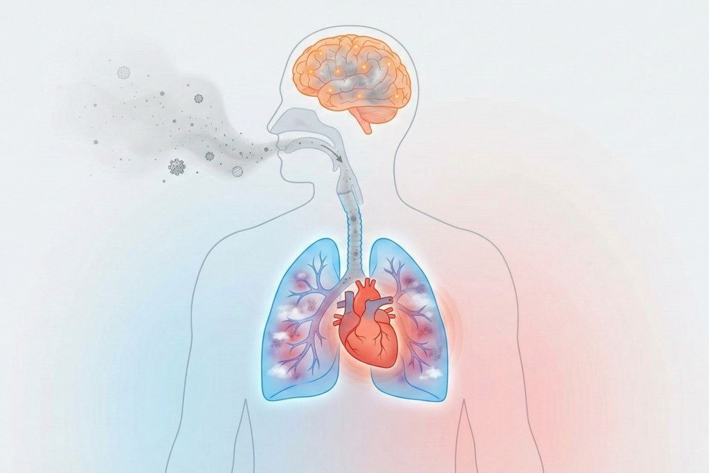 Illustration of air pollution affecting lungs, heart, and brain with visible inflammation and particulate exposure.