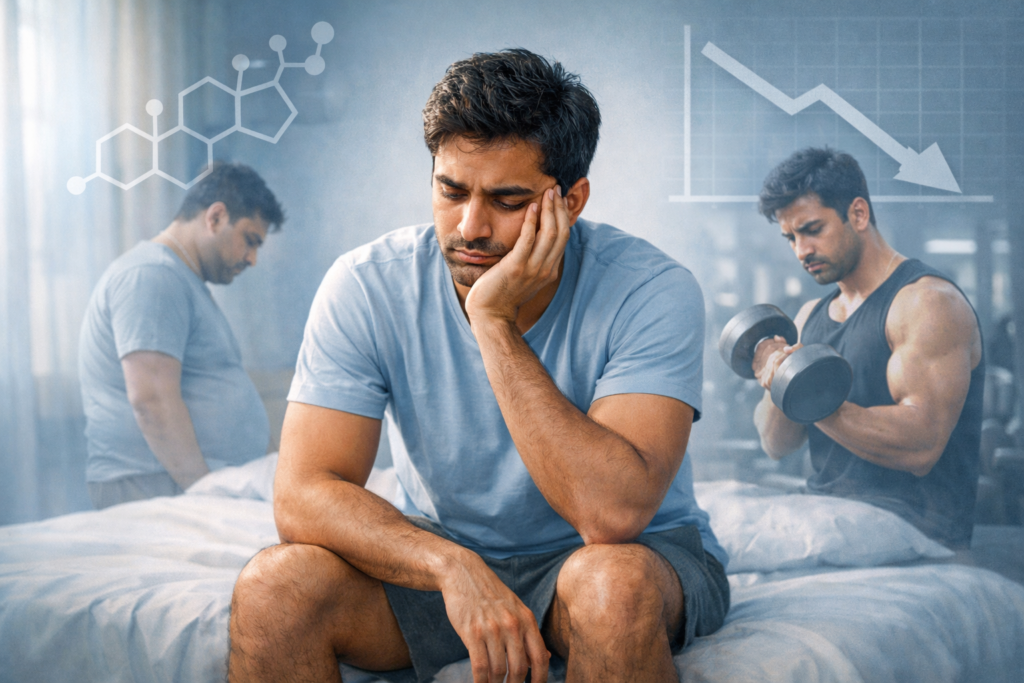 Young man showing fatigue, belly fat, low energy and gym frustration due to low testosterone