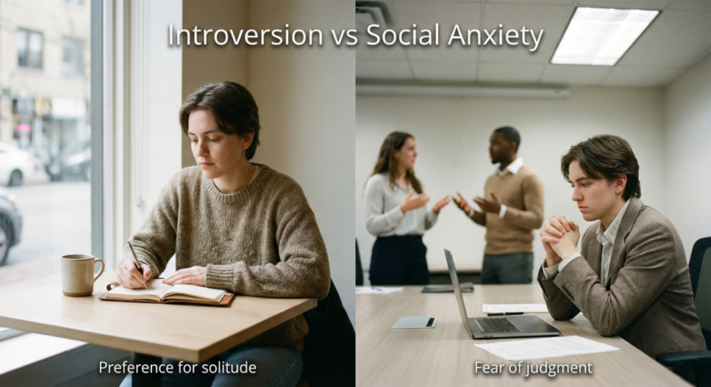 Real-life comparison of introversion and social anxiety showing calm solitude versus nervous social interaction in a meeting