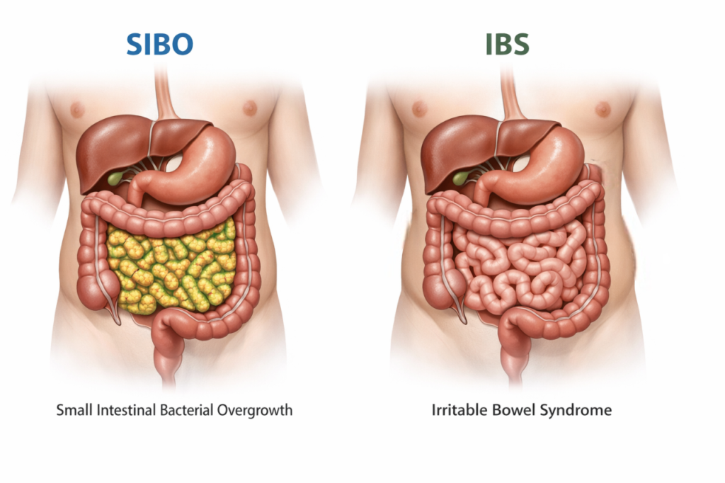 Medical diagram comparing SIBO and IBS showing bacterial overgrowth in the small intestine and gut sensitivity differences.