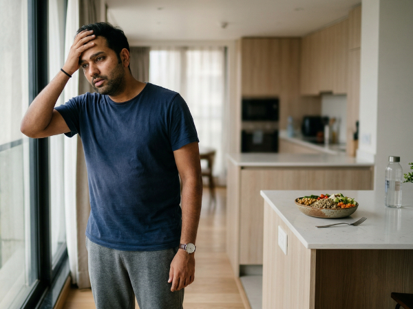 man feeling tired and low energy standing indoors, early signs of insulin resistance and fatigue