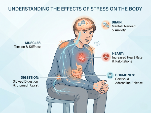 Illustration of how stress impacts the body including brain heart digestion and mental health