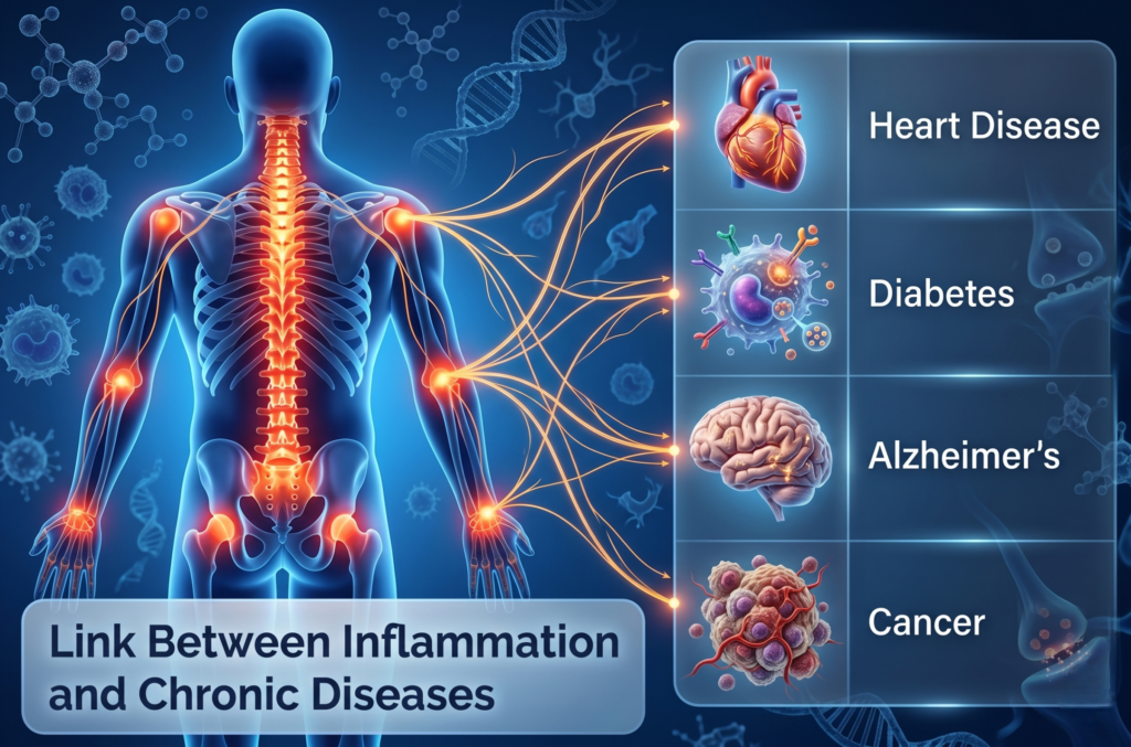 illustration showing chronic inflammation in human body linked to heart disease diabetes and brain disorders