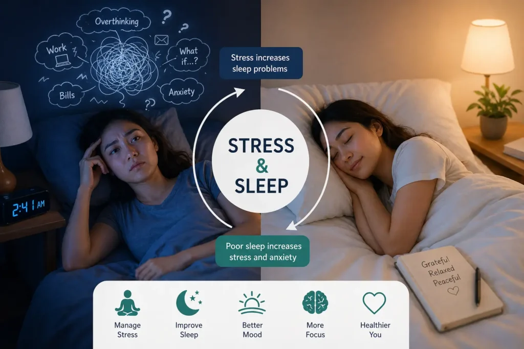 Person struggling to sleep due to stress and anxiety at night