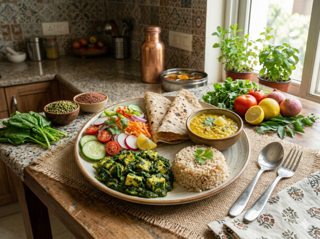 Healthy Indian diet plate with roti, dal, vegetables, and paneer for diabetes management and weight loss