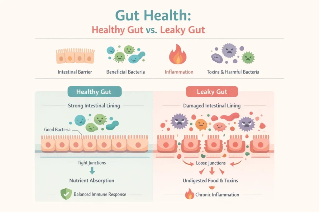 leaky gut syndrome illustration showing intestinal permeability and damaged gut lining allowing toxins through