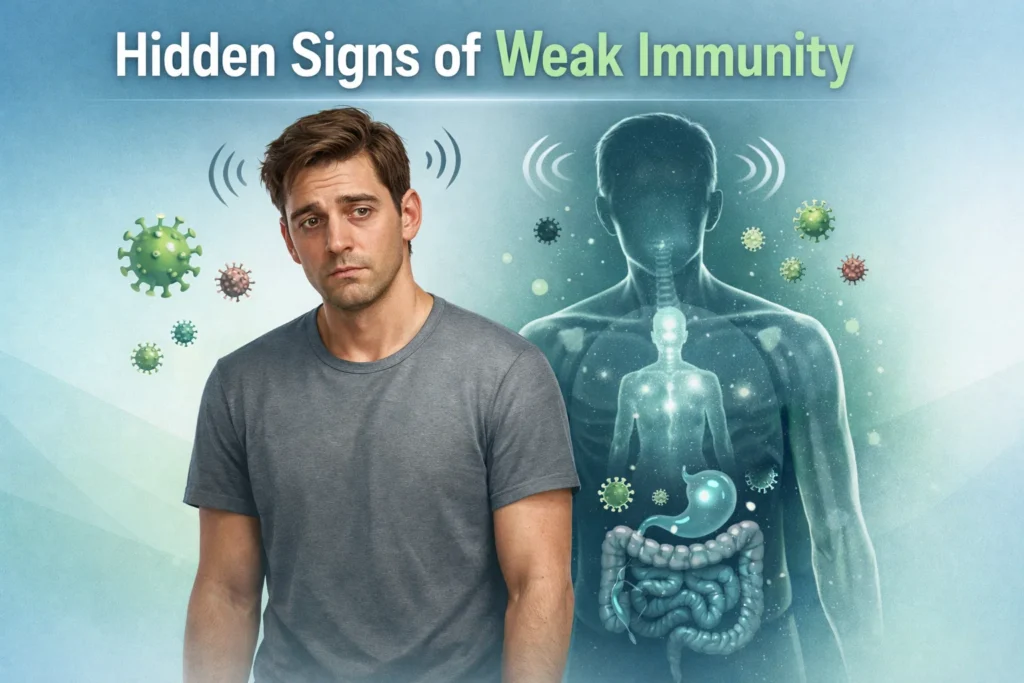Hidden signs of weak immune system showing fatigue, gut health issues, stress, and low energy in a healthy-looking person
