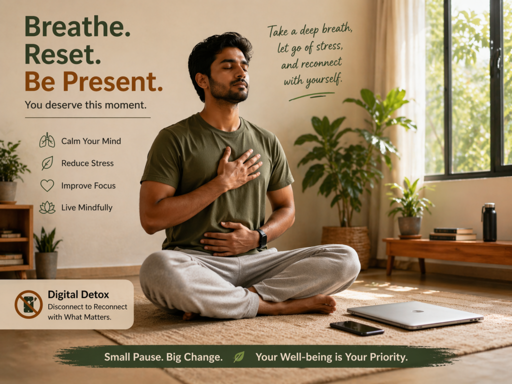 Man practicing deep breathing for stress relief in a calm indoor setting
