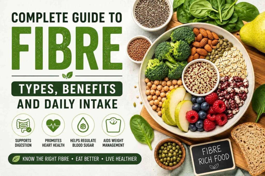 Fibre-rich foods infographic showing fruits, vegetables, oats, nuts, seeds, and benefits of dietary fibre.