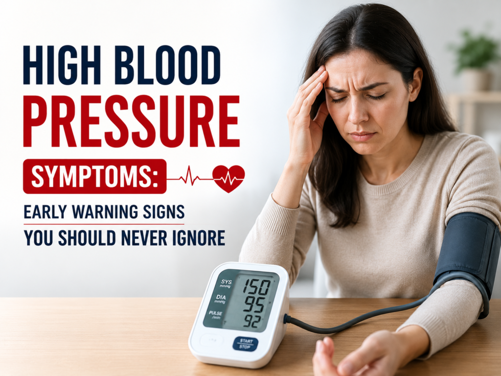 Woman checking high blood pressure symptoms with BP monitor at home