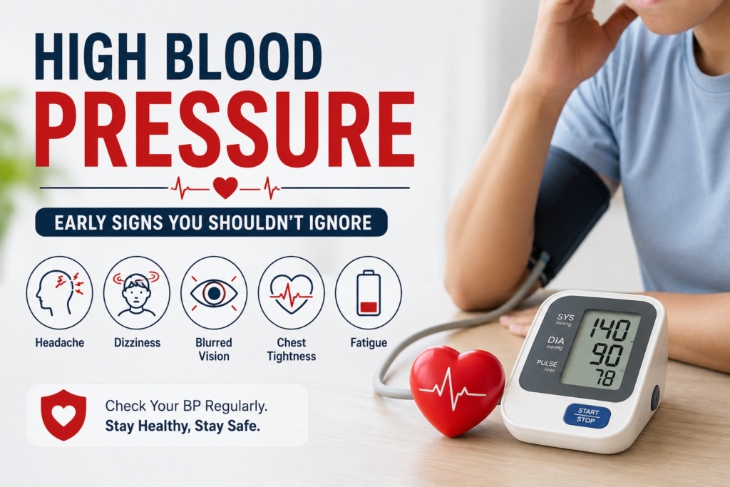 High blood pressure symptoms infographic with BP monitor and warning signs