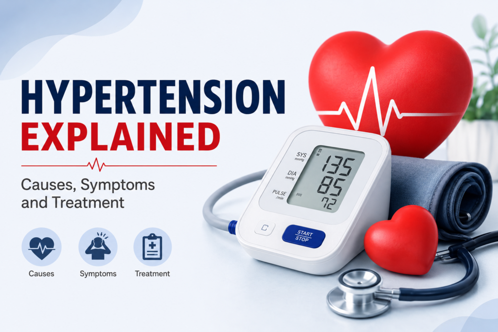 Illustration showing hypertension or high blood pressure with BP monitor, heart health, symptoms, causes, and treatment methods