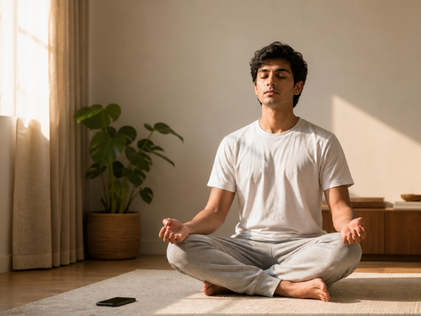 beginner meditation at home focusing on breathing in a calm peaceful room
