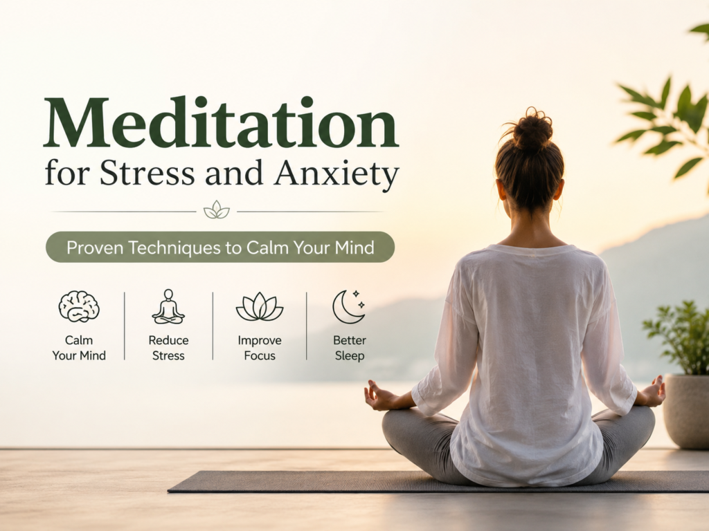 Person practicing meditation for stress and anxiety relief in a peaceful indoor setting